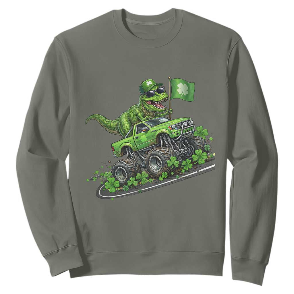 Funny St Patricks Day Dinosaur Truck Sweatshirt Irish Holiday Gift TS12 Military Green Print Your Wear
