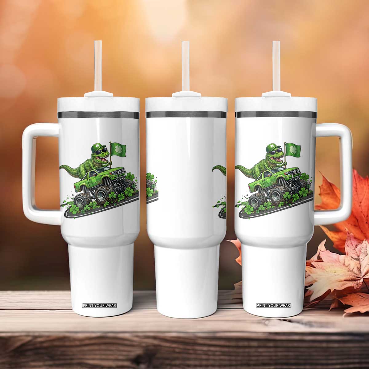 Funny St Patricks Day Dinosaur Truck Tumbler With Handle Irish Holiday Gift TS12 Print Your Wear