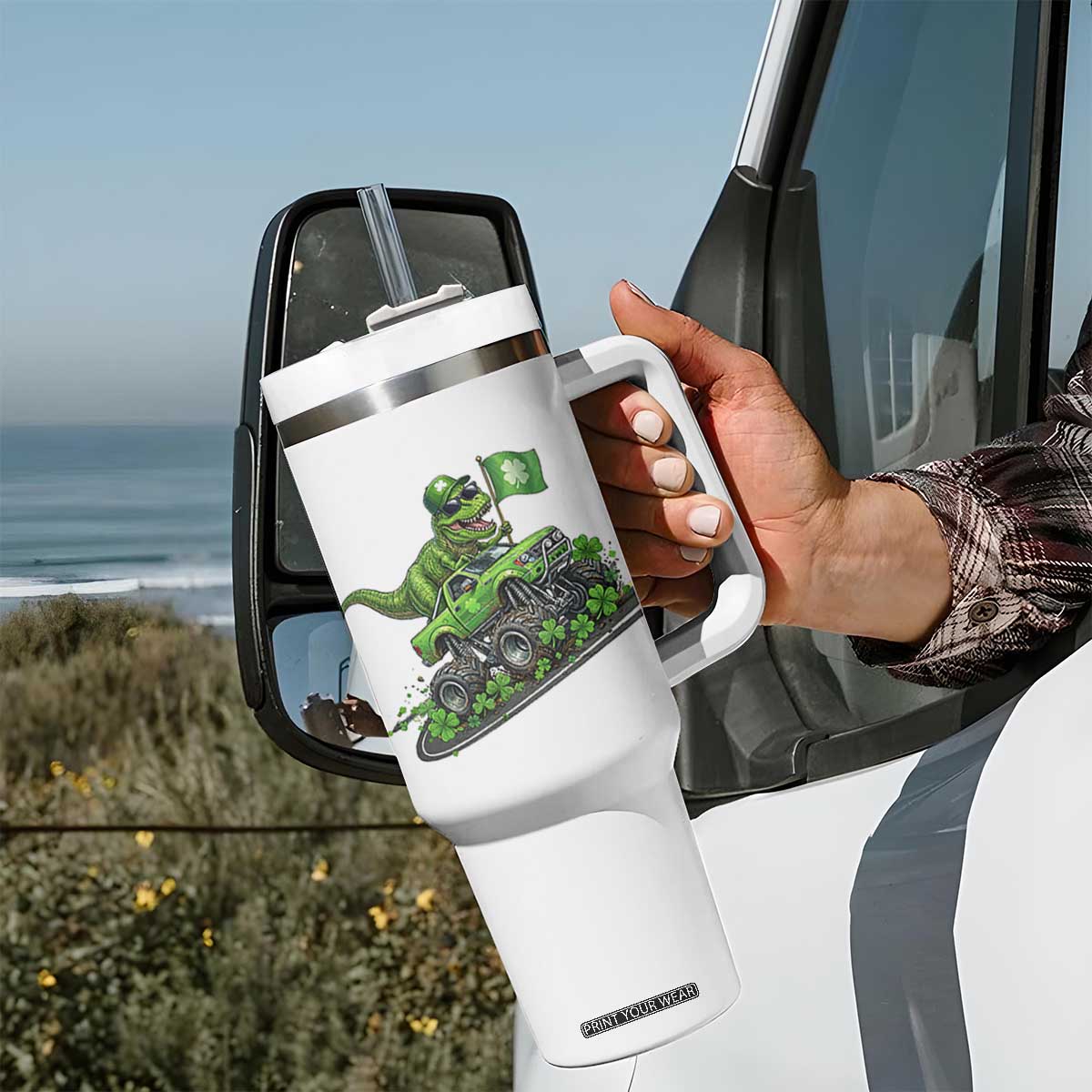Funny St Patricks Day Dinosaur Truck Tumbler With Handle Irish Holiday Gift TS12 Print Your Wear