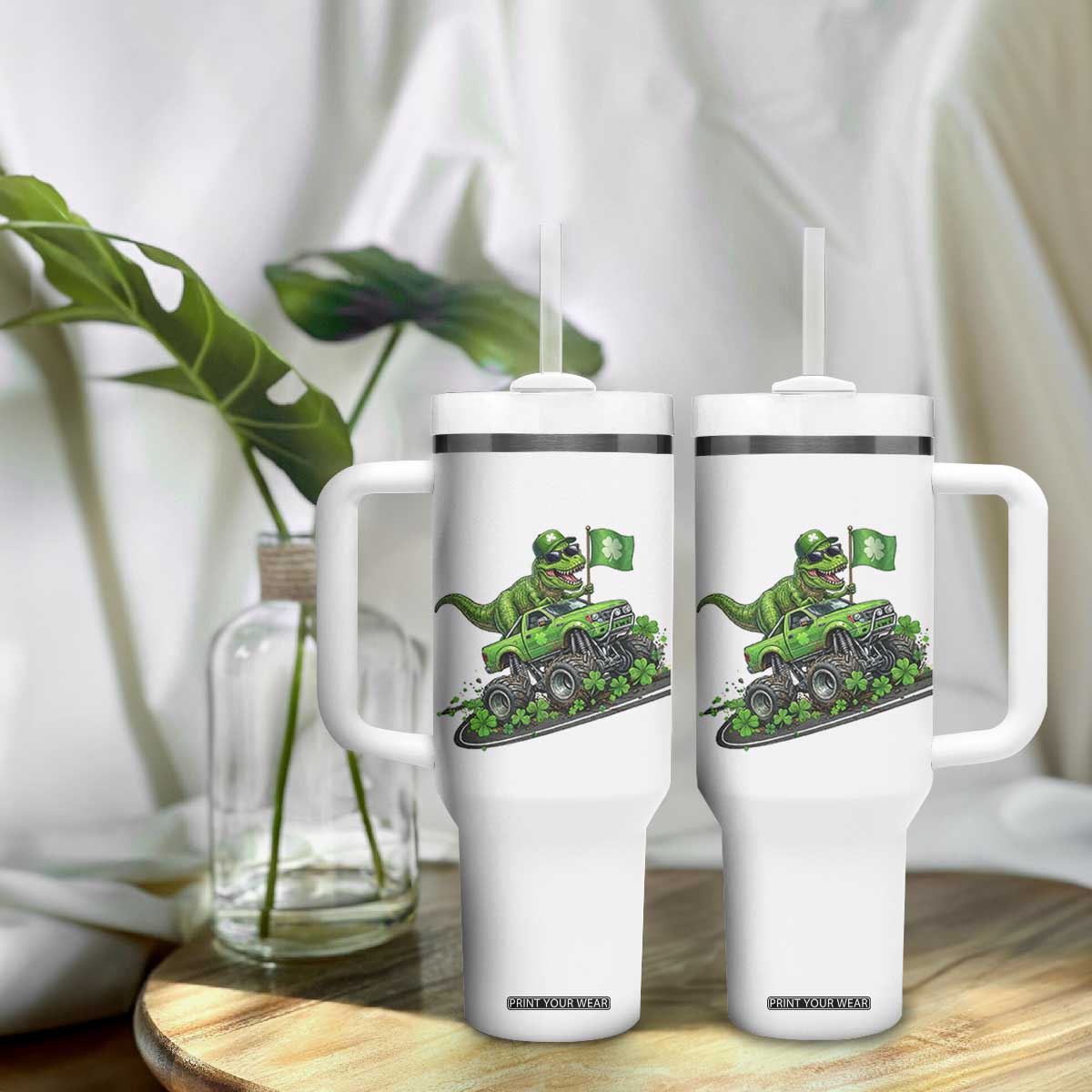 Funny St Patricks Day Dinosaur Truck Tumbler With Handle Irish Holiday Gift TS12 Print Your Wear