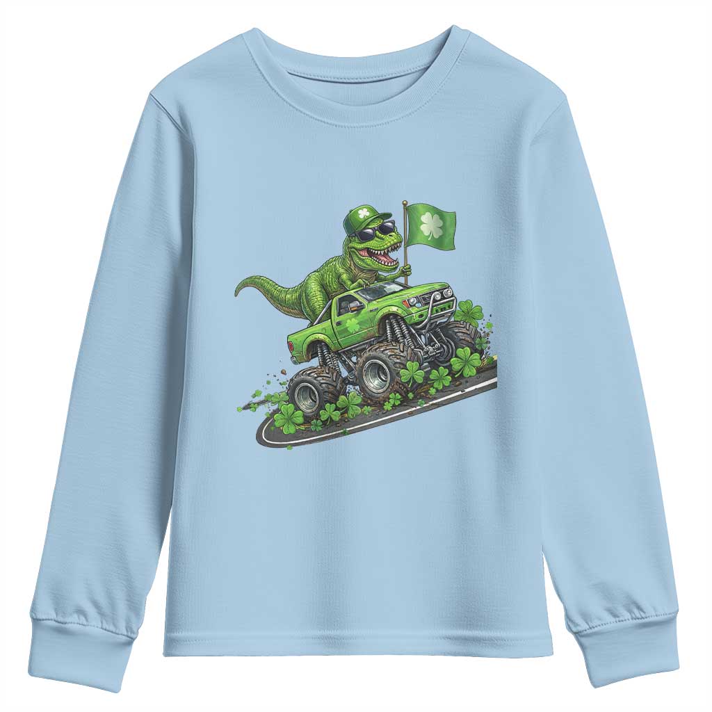 Funny St Patricks Day Dinosaur Truck Youth Sweatshirt Irish Holiday Gift TS12 Light Blue Print Your Wear