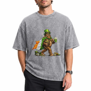 Funny St Patricks Day Bigfoot Washed Cotton T-Shirt Mythical Party Gift