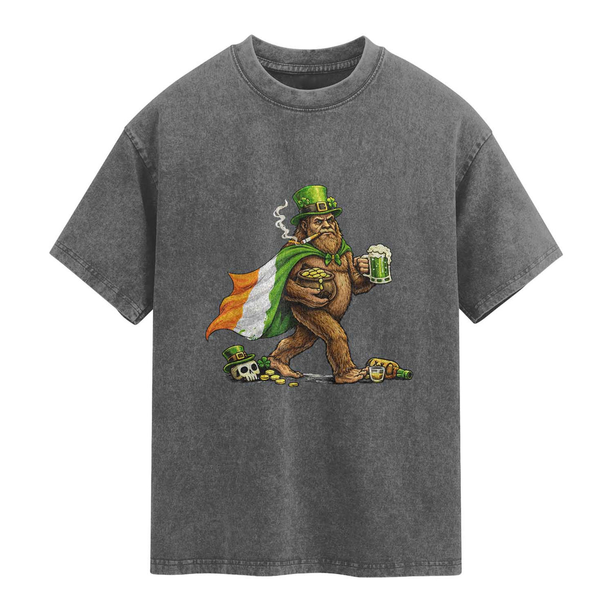 Funny St Patricks Day Bigfoot Washed Cotton T-Shirt Mythical Party Gift
