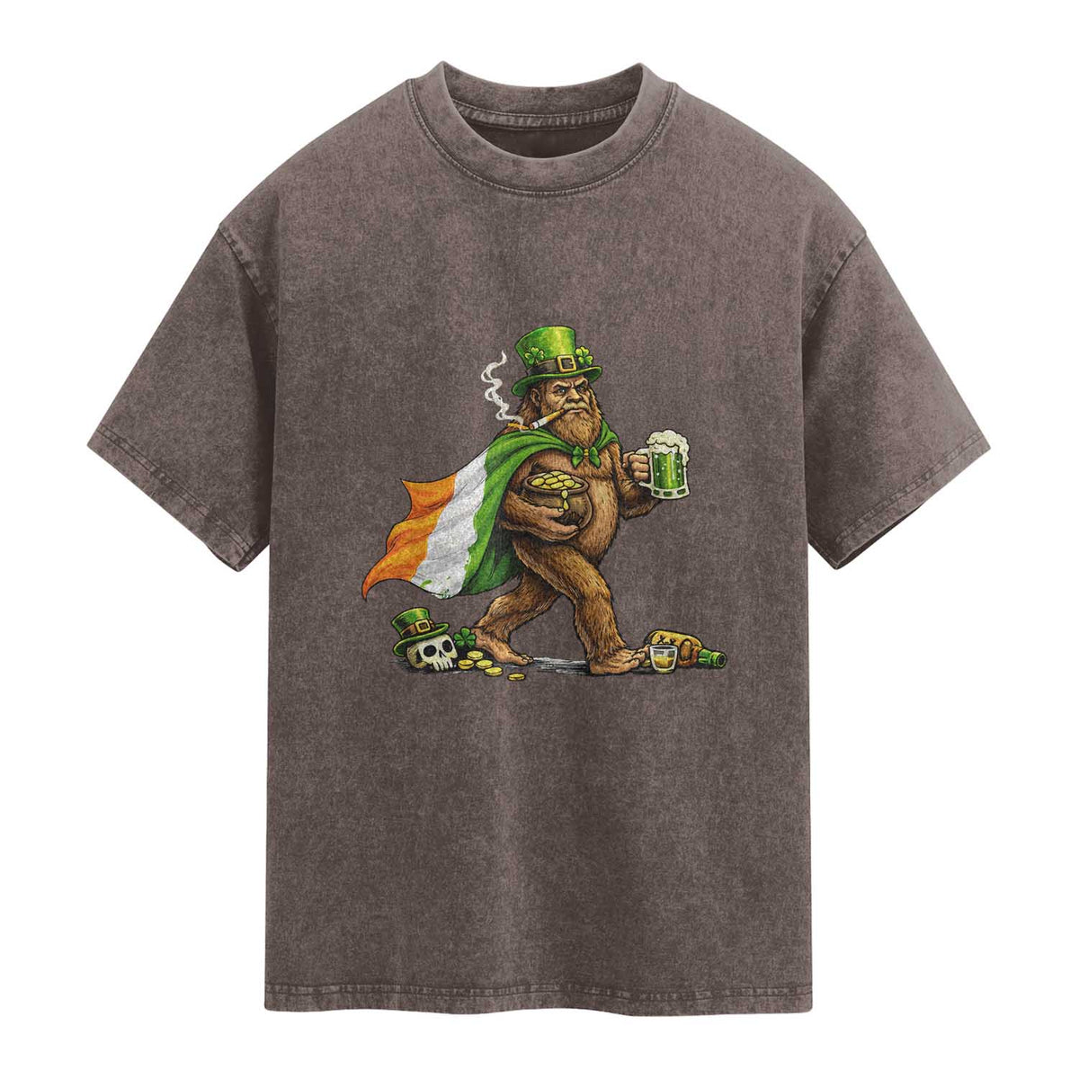 Funny St Patricks Day Bigfoot Washed Cotton T-Shirt Mythical Party Gift