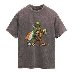 Funny St Patricks Day Bigfoot Washed Cotton T-Shirt Mythical Party Gift