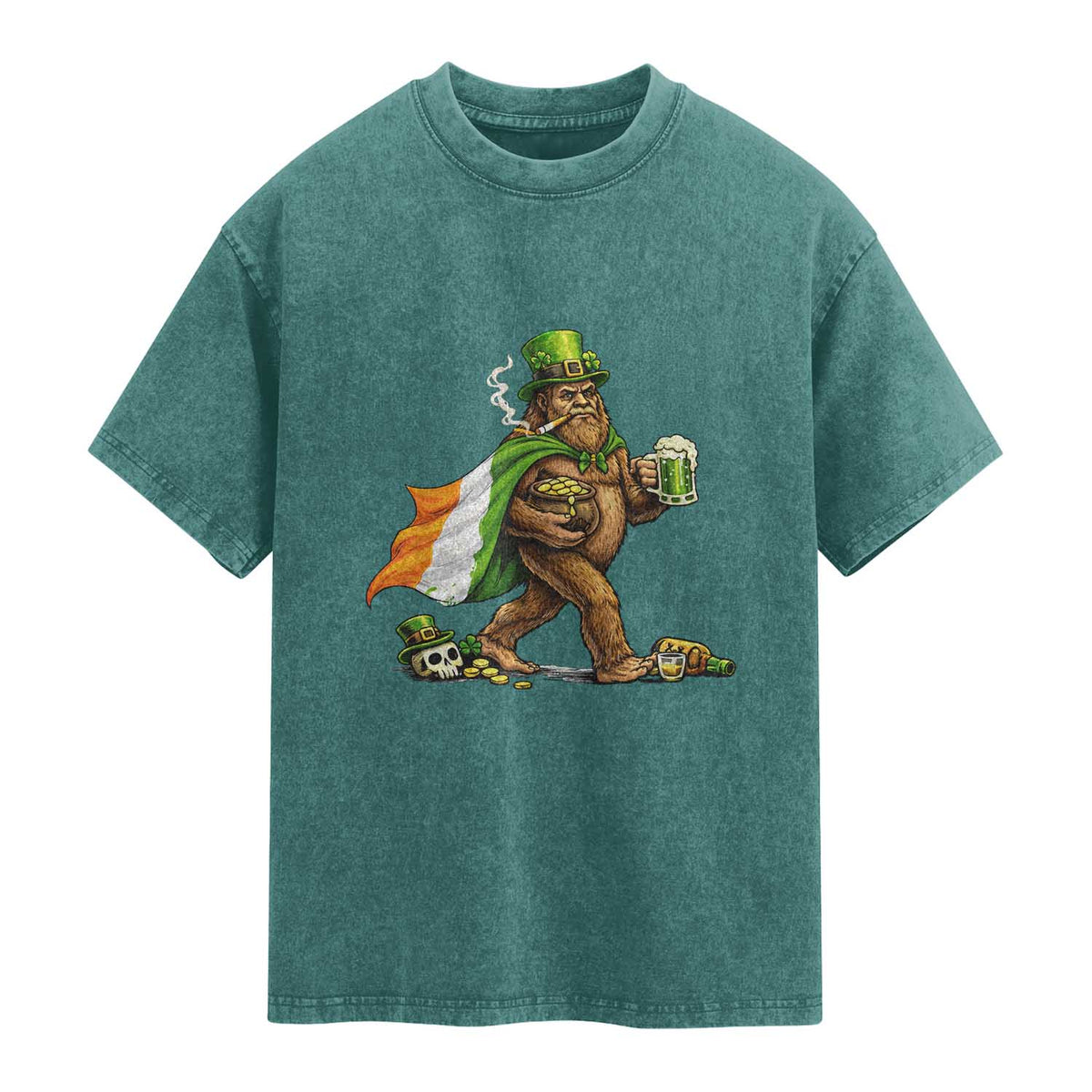 Funny St Patricks Day Bigfoot Washed Cotton T-Shirt Mythical Party Gift