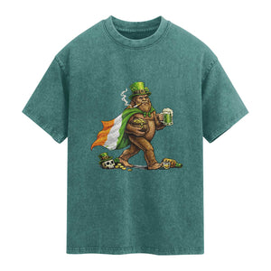 Funny St Patricks Day Bigfoot Washed Cotton T-Shirt Mythical Party Gift