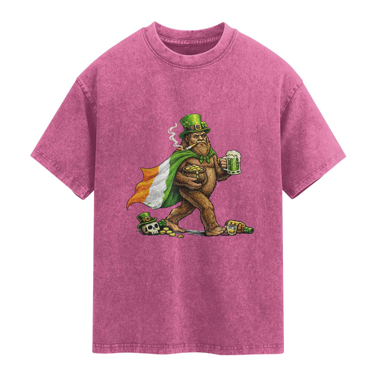 Funny St Patricks Day Bigfoot Washed Cotton T-Shirt Mythical Party Gift