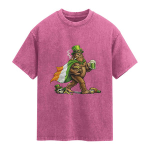Funny St Patricks Day Bigfoot Washed Cotton T-Shirt Mythical Party Gift
