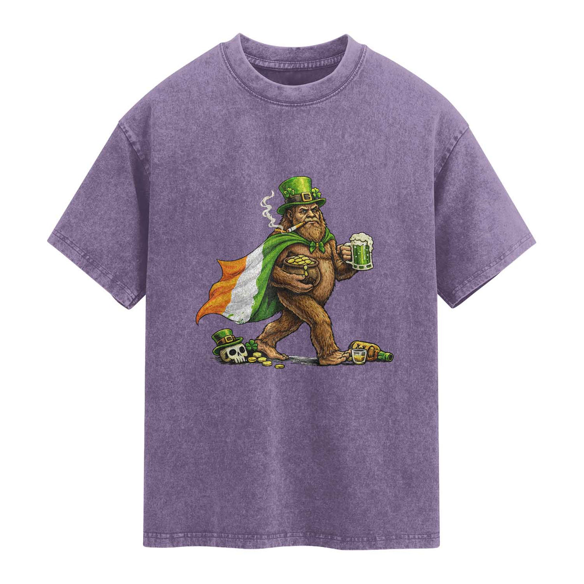 Funny St Patricks Day Bigfoot Washed Cotton T-Shirt Mythical Party Gift