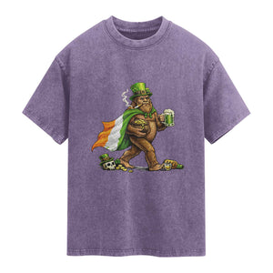 Funny St Patricks Day Bigfoot Washed Cotton T-Shirt Mythical Party Gift