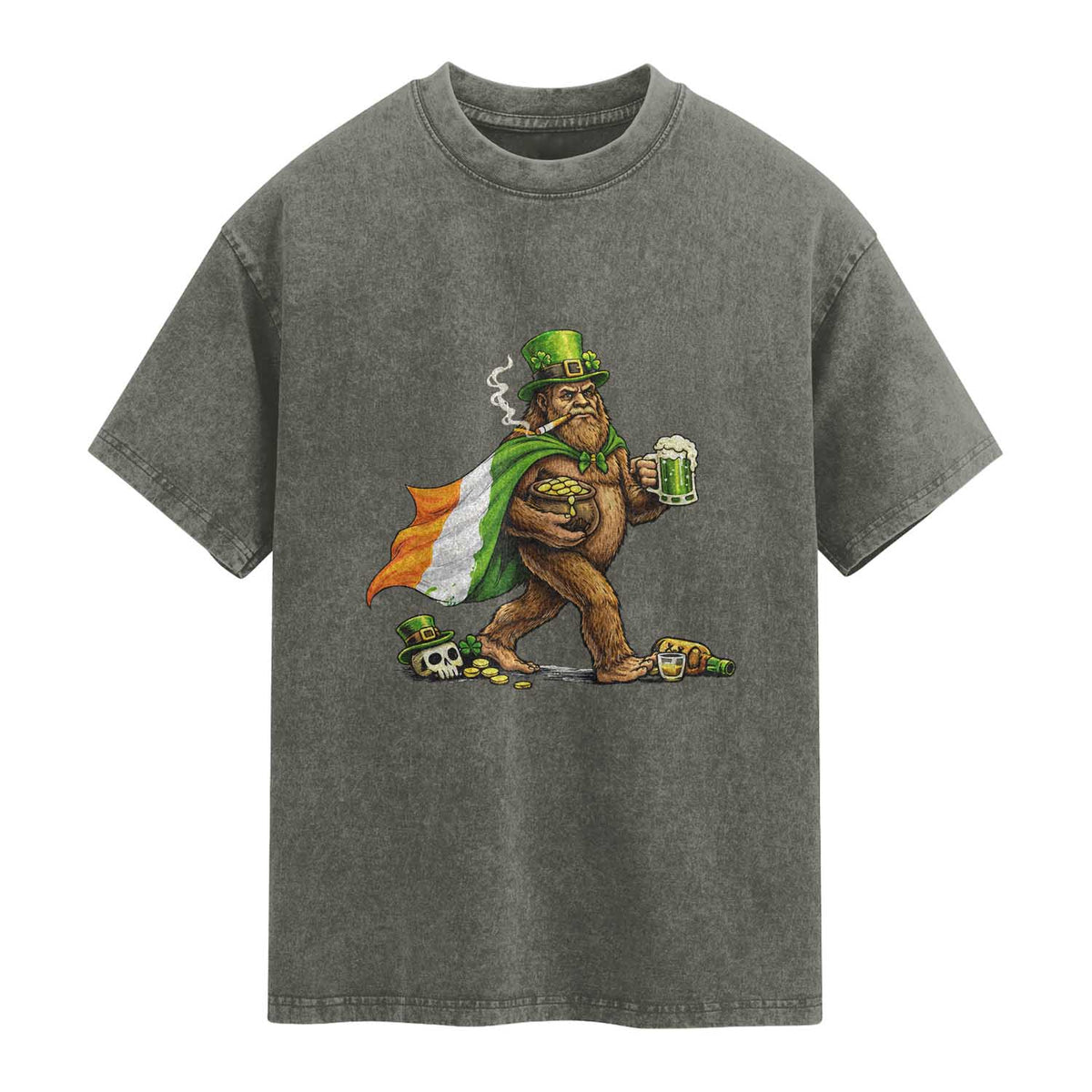 Funny St Patricks Day Bigfoot Washed Cotton T-Shirt Mythical Party Gift