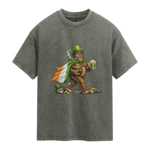 Funny St Patricks Day Bigfoot Washed Cotton T-Shirt Mythical Party Gift