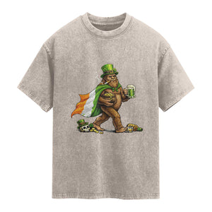 Funny St Patricks Day Bigfoot Washed Cotton T-Shirt Mythical Party Gift