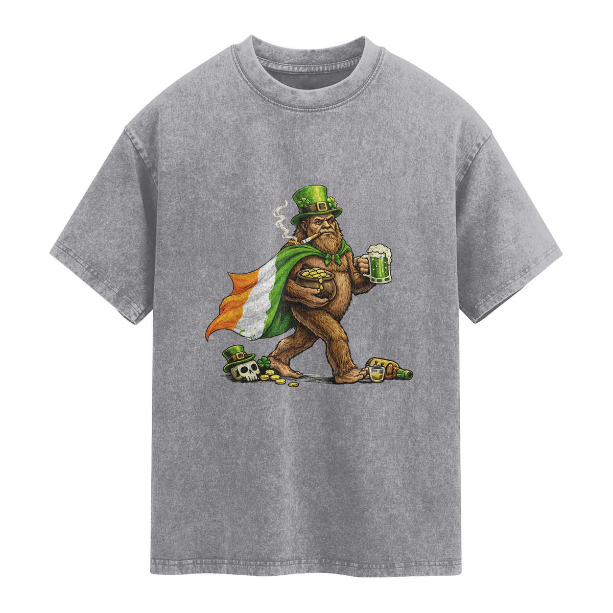Funny St Patricks Day Bigfoot Washed Cotton T-Shirt Mythical Party Gift