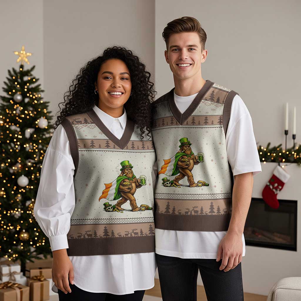 Funny St Patricks Day Bigfoot V-Neck Knit Sweater Vest Mythical Party Gift TS12 Mocha Mousse Print Your Wear