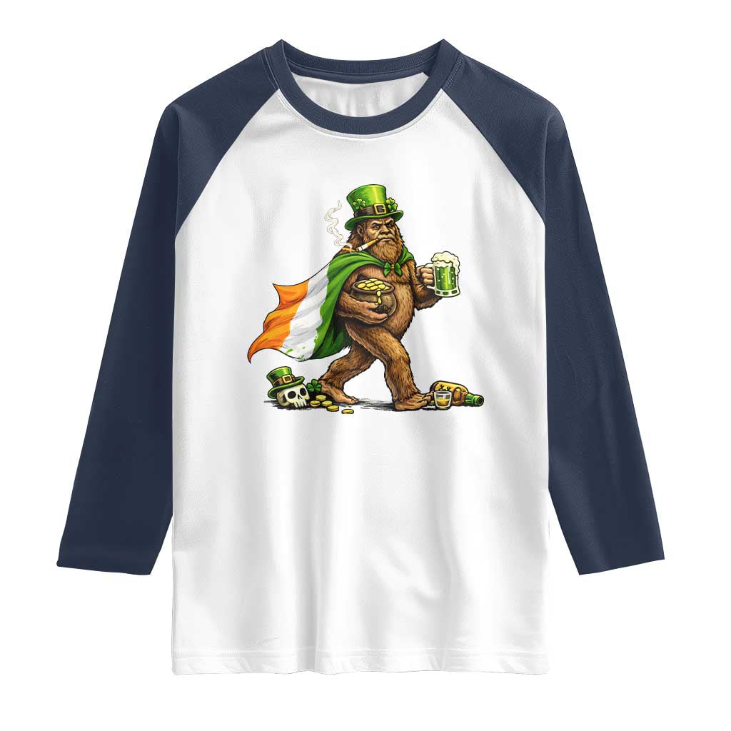 Funny St Patricks Day Bigfoot Raglan Shirt Mythical Party Gift TS12 White Navy Print Your Wear