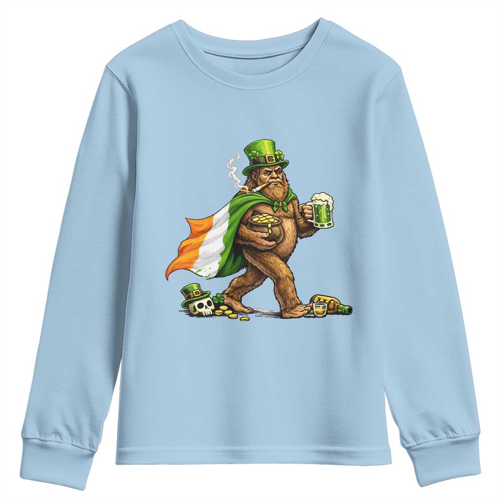 Funny St Patricks Day Bigfoot Youth Sweatshirt Mythical Party Gift TS12 Light Blue Print Your Wear