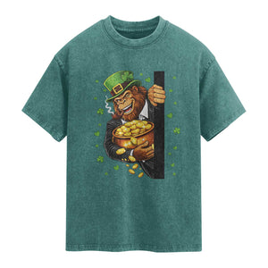 Funny St Patricks Day Bigfoot Washed Cotton T-Shirt Irish Revelry Gift