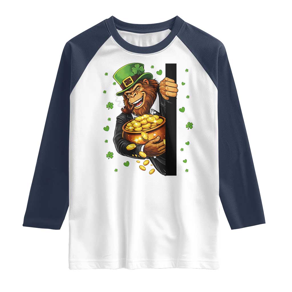 Funny St Patricks Day Bigfoot Raglan Shirt Irish Revelry Gift TS12 White Navy Print Your Wear