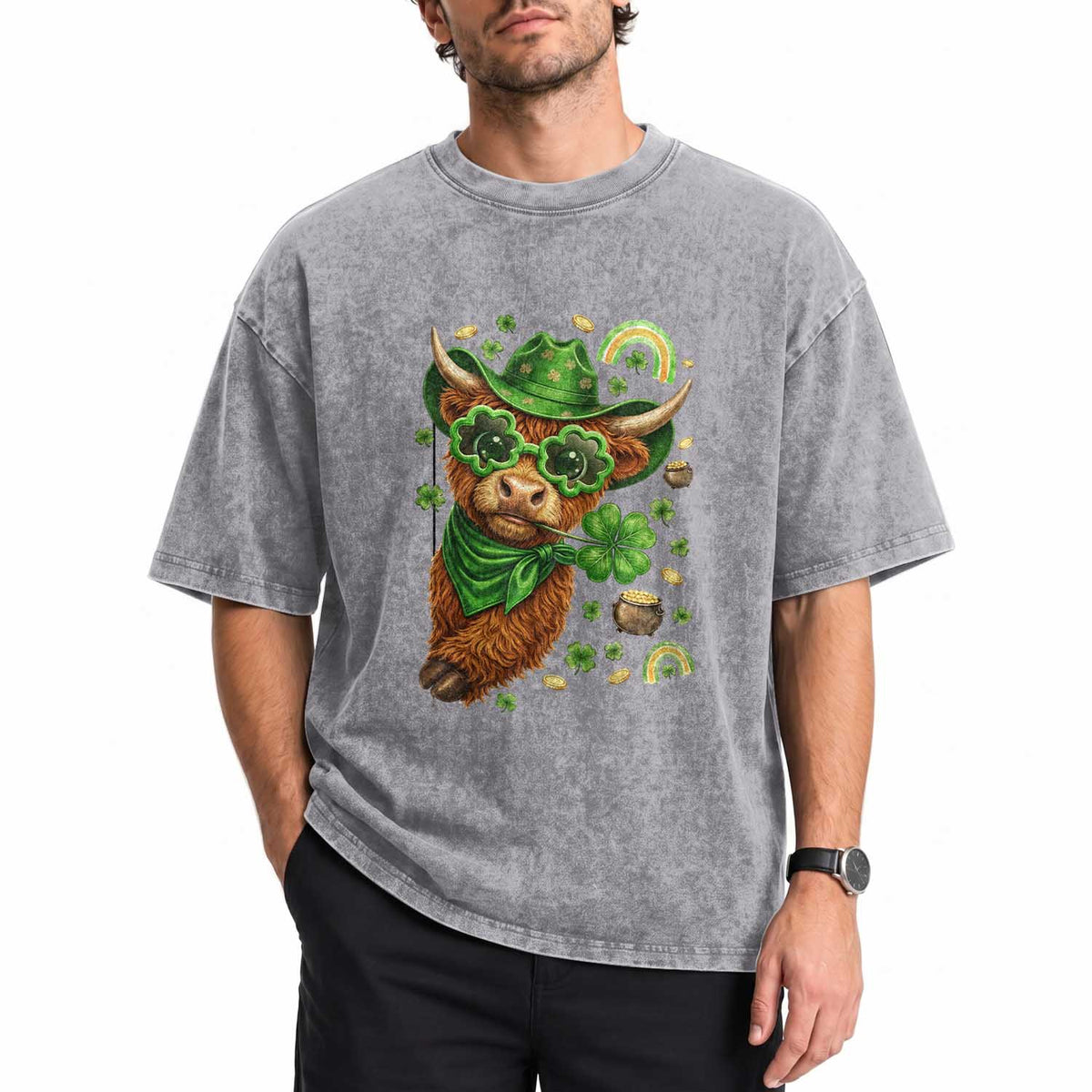 Funny Irish Highland Cow Washed Cotton T-Shirt St Patricks Day Gift