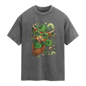 Funny Irish Highland Cow Washed Cotton T-Shirt St Patricks Day Gift