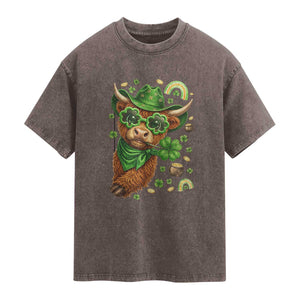 Funny Irish Highland Cow Washed Cotton T-Shirt St Patricks Day Gift