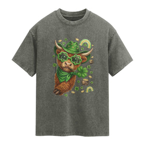 Funny Irish Highland Cow Washed Cotton T-Shirt St Patricks Day Gift