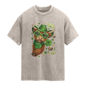 Funny Irish Highland Cow Washed Cotton T-Shirt St Patricks Day Gift
