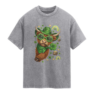 Funny Irish Highland Cow Washed Cotton T-Shirt St Patricks Day Gift