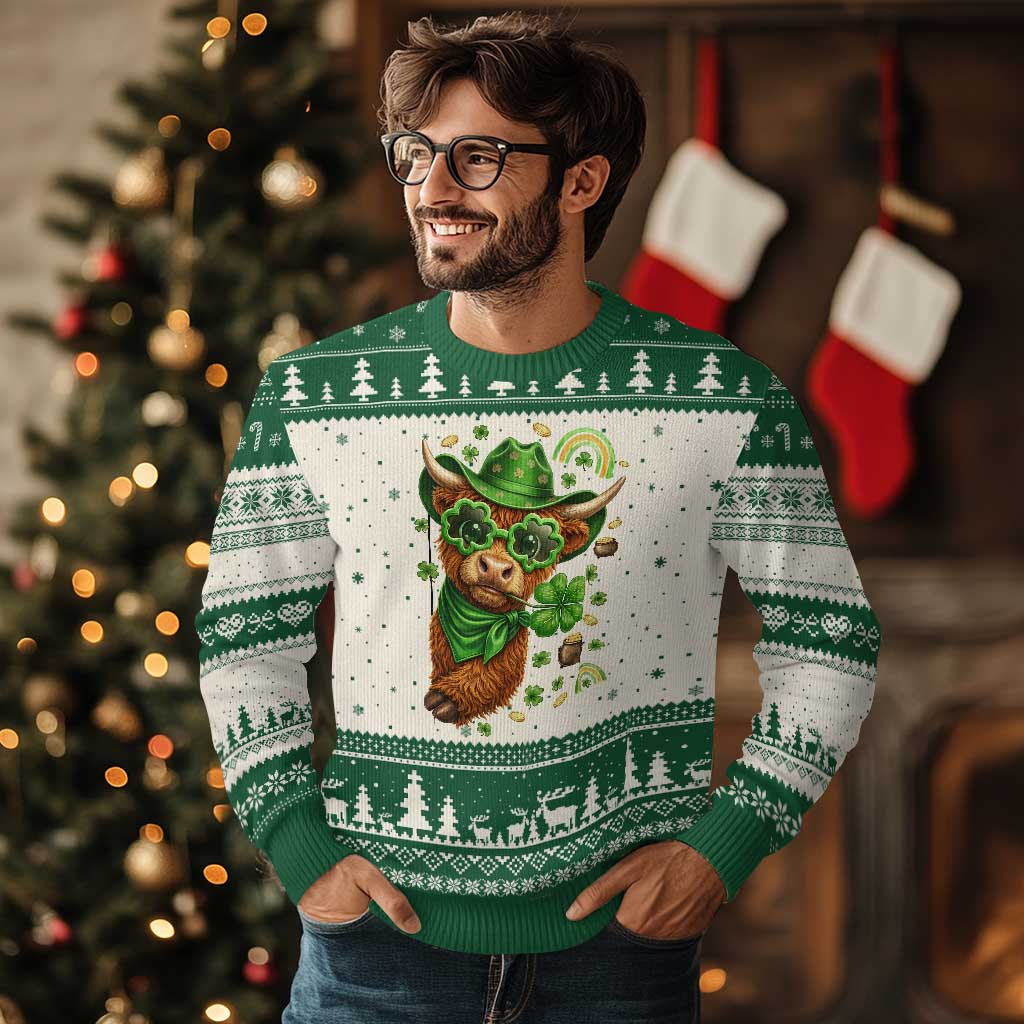 Funny Irish Highland Cow Ugly Christmas Sweater St Patricks Day Gift TS12 Beige Green Print Your Wear