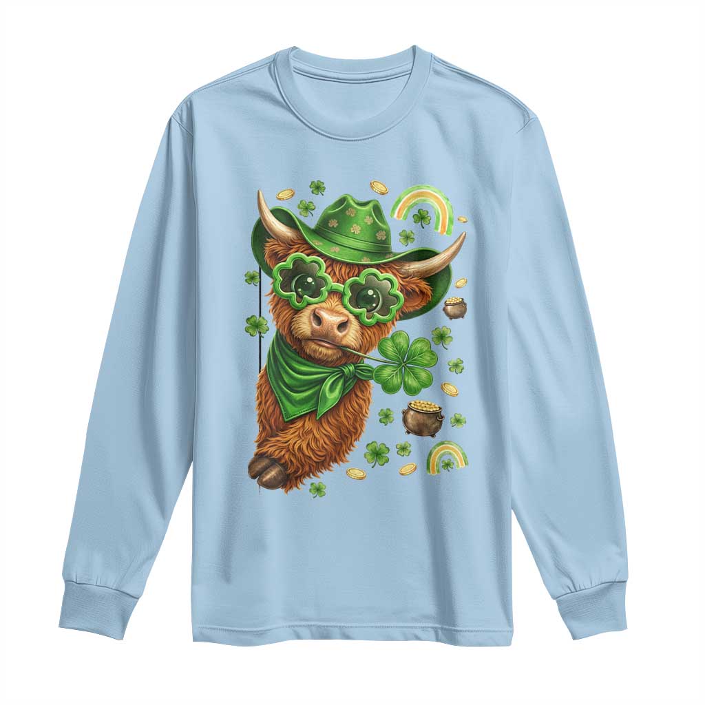 Funny Irish Highland Cow Long Sleeve Shirt St Patricks Day Gift TS12 Light Blue Print Your Wear