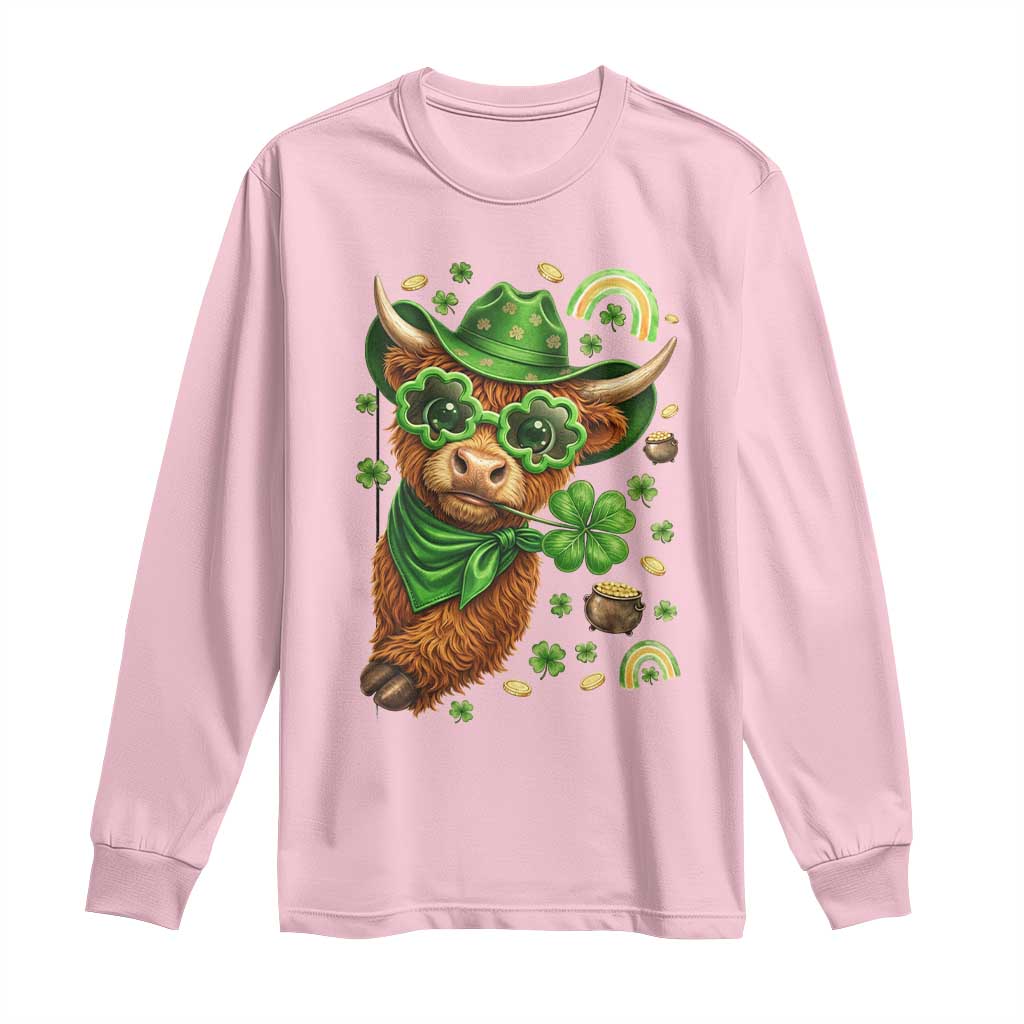 Funny Irish Highland Cow Long Sleeve Shirt St Patricks Day Gift TS12 Light Pink Print Your Wear