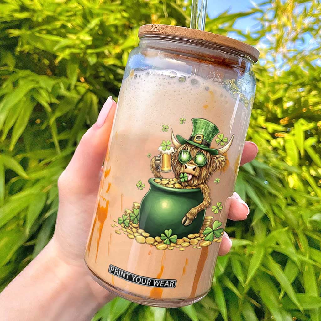 Funny Highland Cow St Patricks Day Glass Can Farm Lover Gift TS12 White Print Your Wear