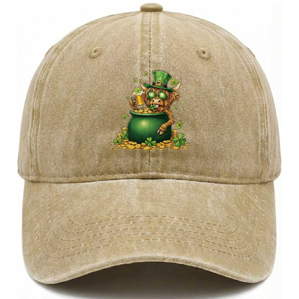 Funny Highland Cow St Patricks Day Washed Cotton Baseball Cap Farm Lover Gift TS12 Print Your Wear