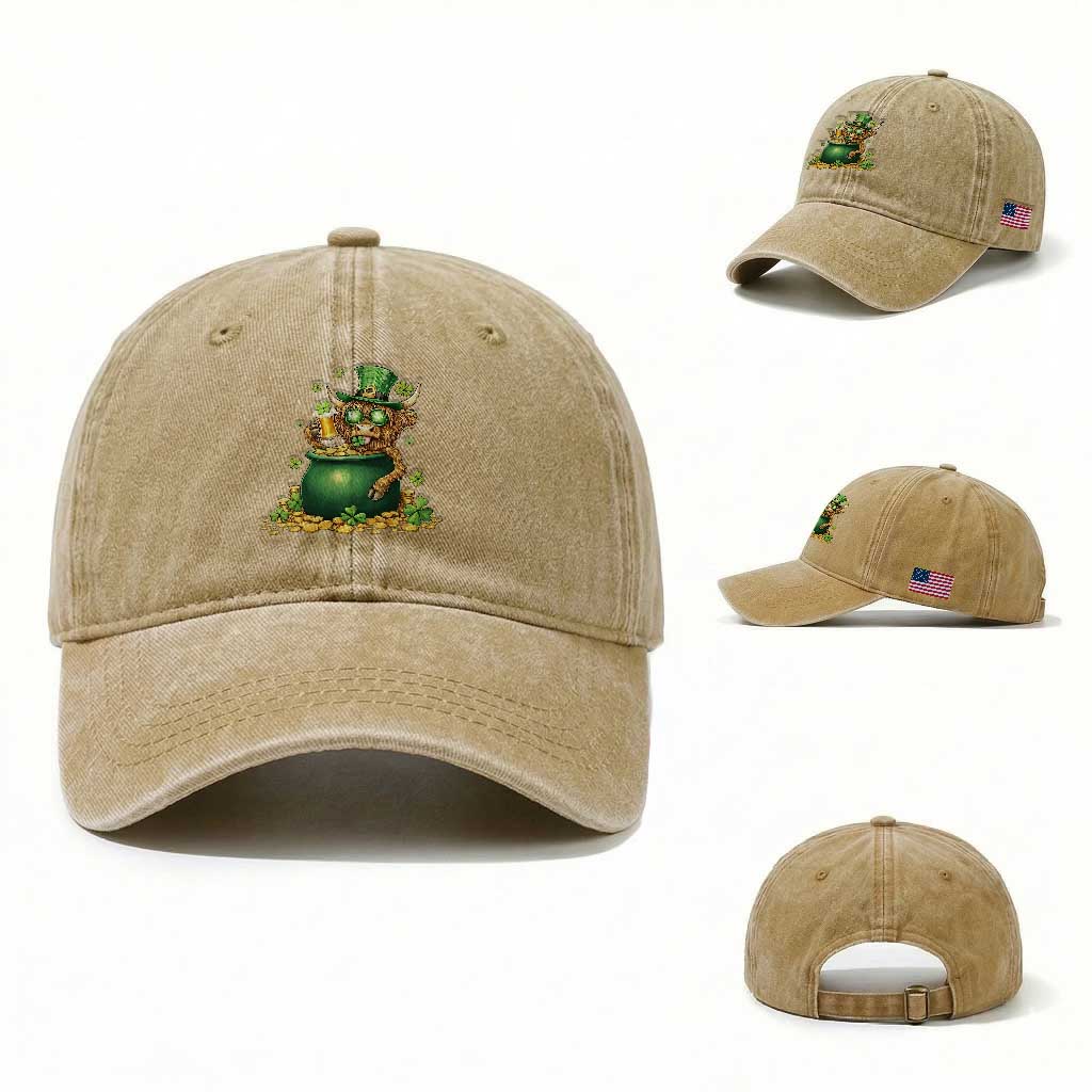 Funny Highland Cow St Patricks Day Washed Cotton Baseball Cap Farm Lover Gift TS12 Washed Cap Universal Fit Khaki Print Your Wear