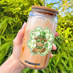 Funny Irish Highland Cow Shamrock Holiday Gift Glass Can TS12 White Print Your Wear