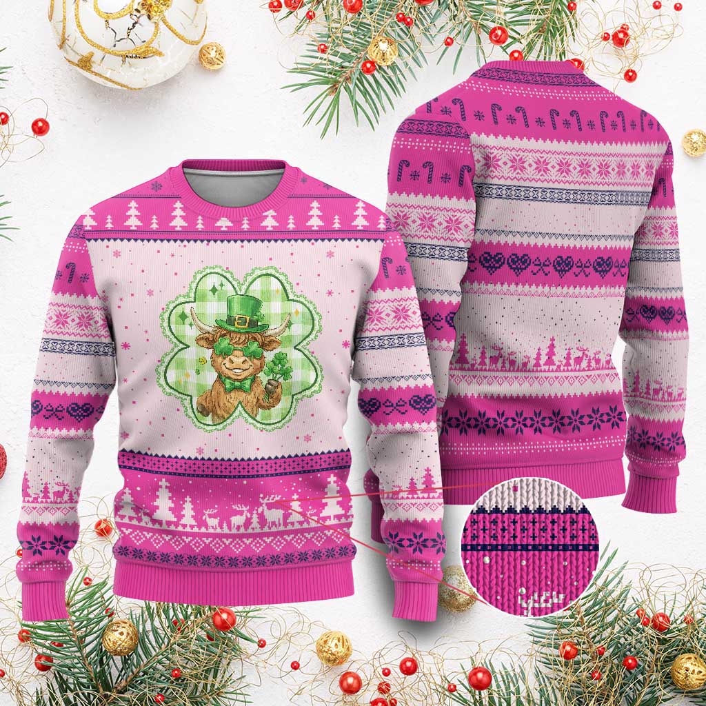 Funny Irish Highland Cow Shamrock Holiday Gift Ugly Christmas Sweater TS12 Hot Pink Print Your Wear