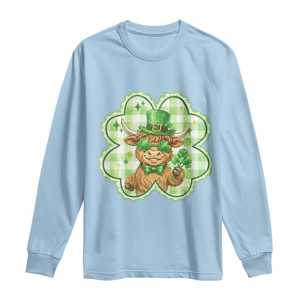 Funny Irish Highland Cow Shamrock Holiday Gift Long Sleeve Shirt TS12 Light Blue Print Your Wear
