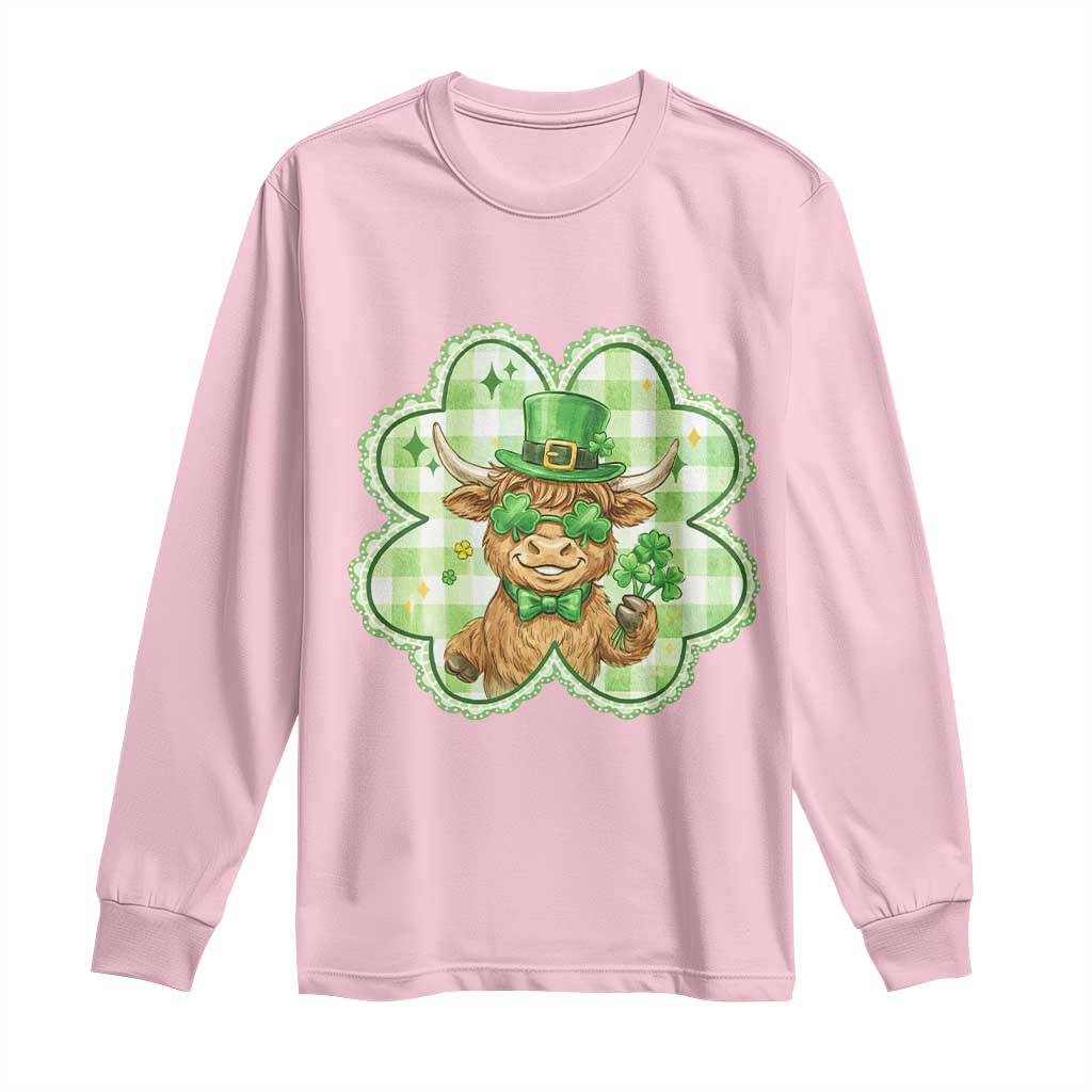 Funny Irish Highland Cow Shamrock Holiday Gift Long Sleeve Shirt TS12 Light Pink Print Your Wear