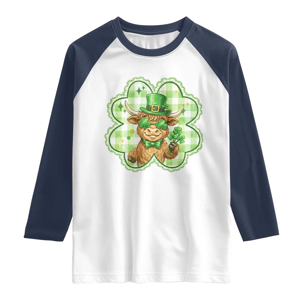 Funny Irish Highland Cow Shamrock Holiday Gift Raglan Shirt TS12 White Navy Print Your Wear