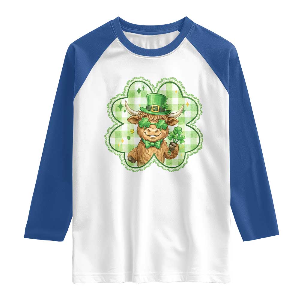 Funny Irish Highland Cow Shamrock Holiday Gift Raglan Shirt TS12 White Royal Print Your Wear