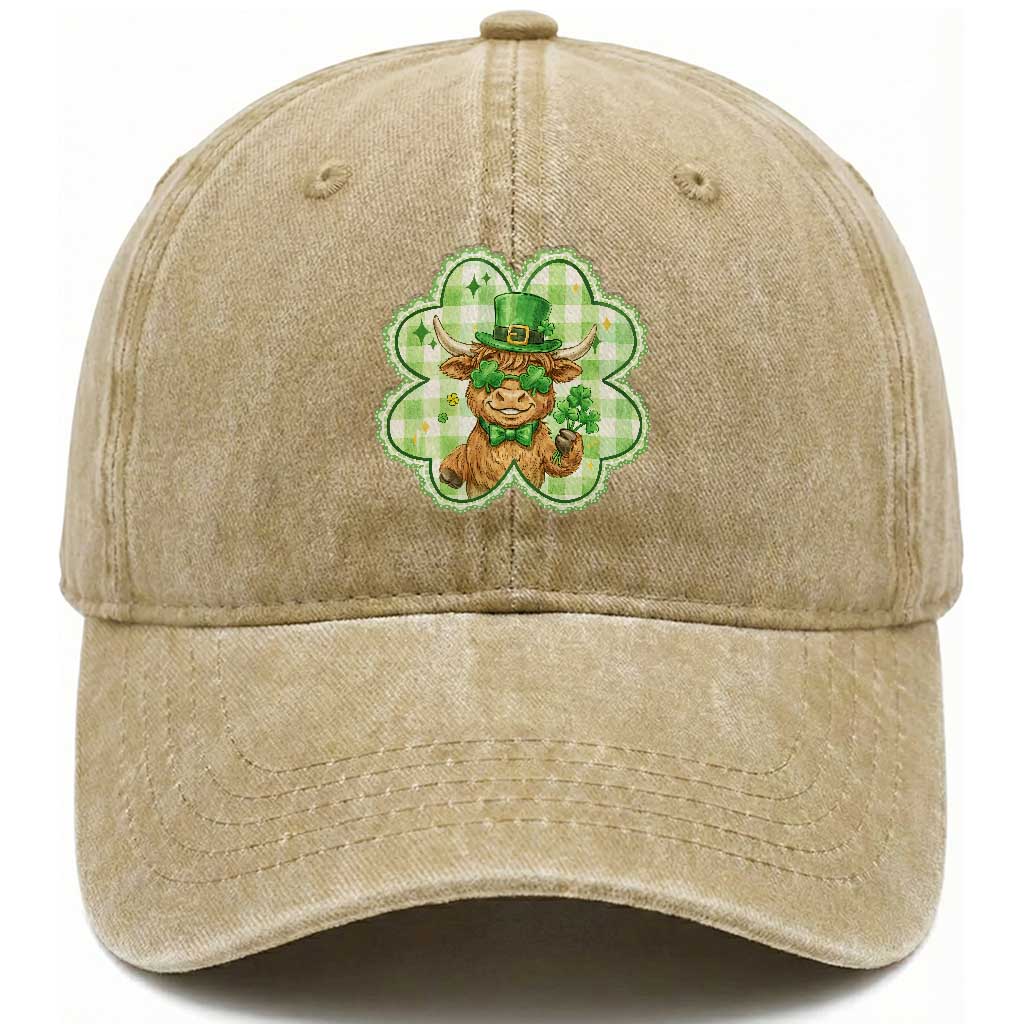 Funny Irish Highland Cow Shamrock Holiday Gift Washed Cotton Baseball Cap TS12 Print Your Wear