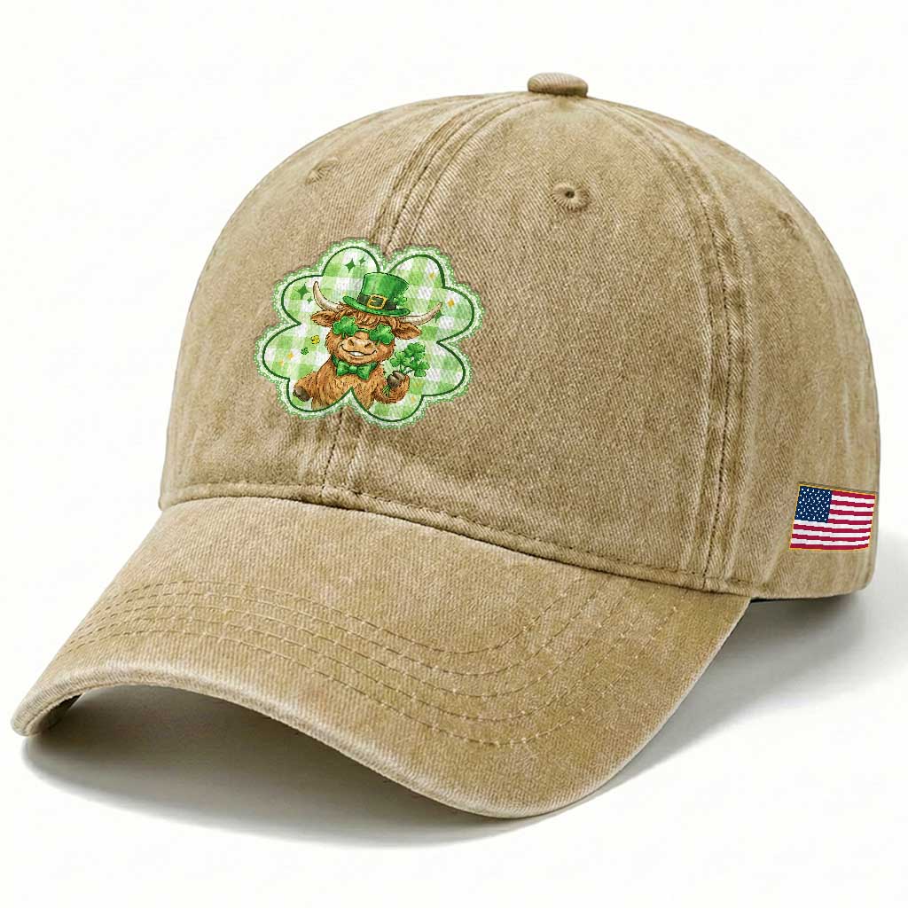 Funny Irish Highland Cow Shamrock Holiday Gift Washed Cotton Baseball Cap TS12 Print Your Wear