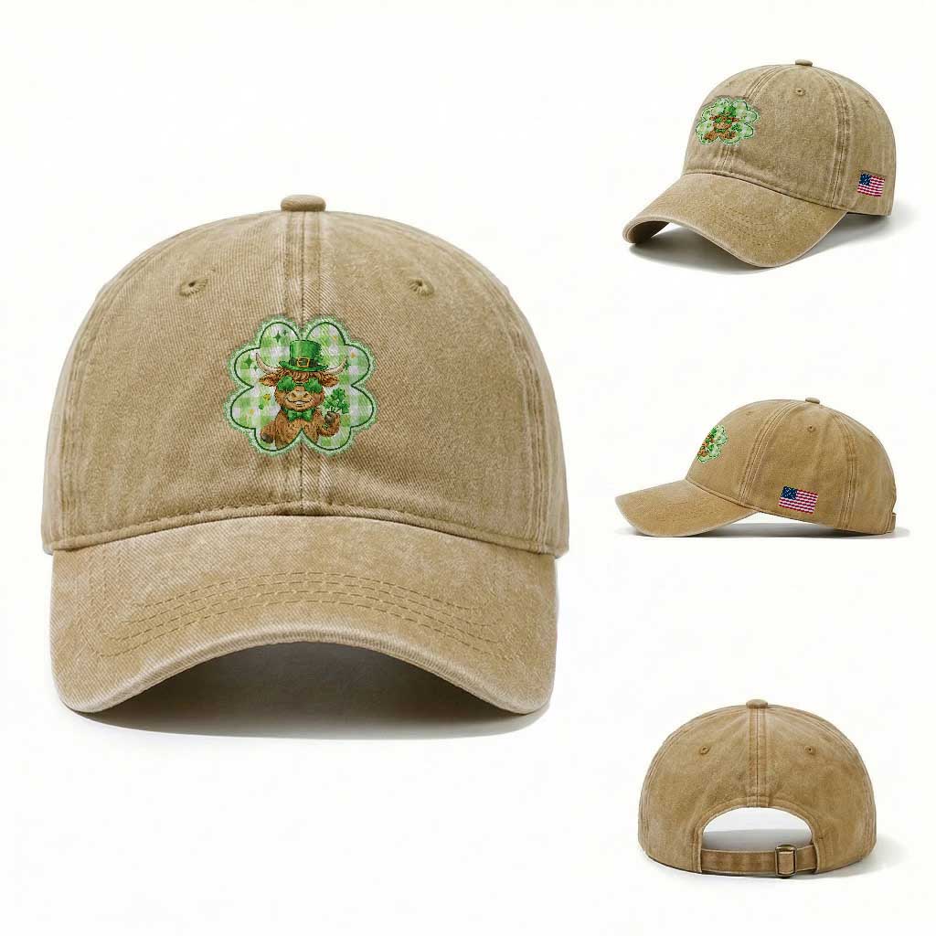 Funny Irish Highland Cow Shamrock Holiday Gift Washed Cotton Baseball Cap TS12 Washed Cap Universal Fit Khaki Print Your Wear