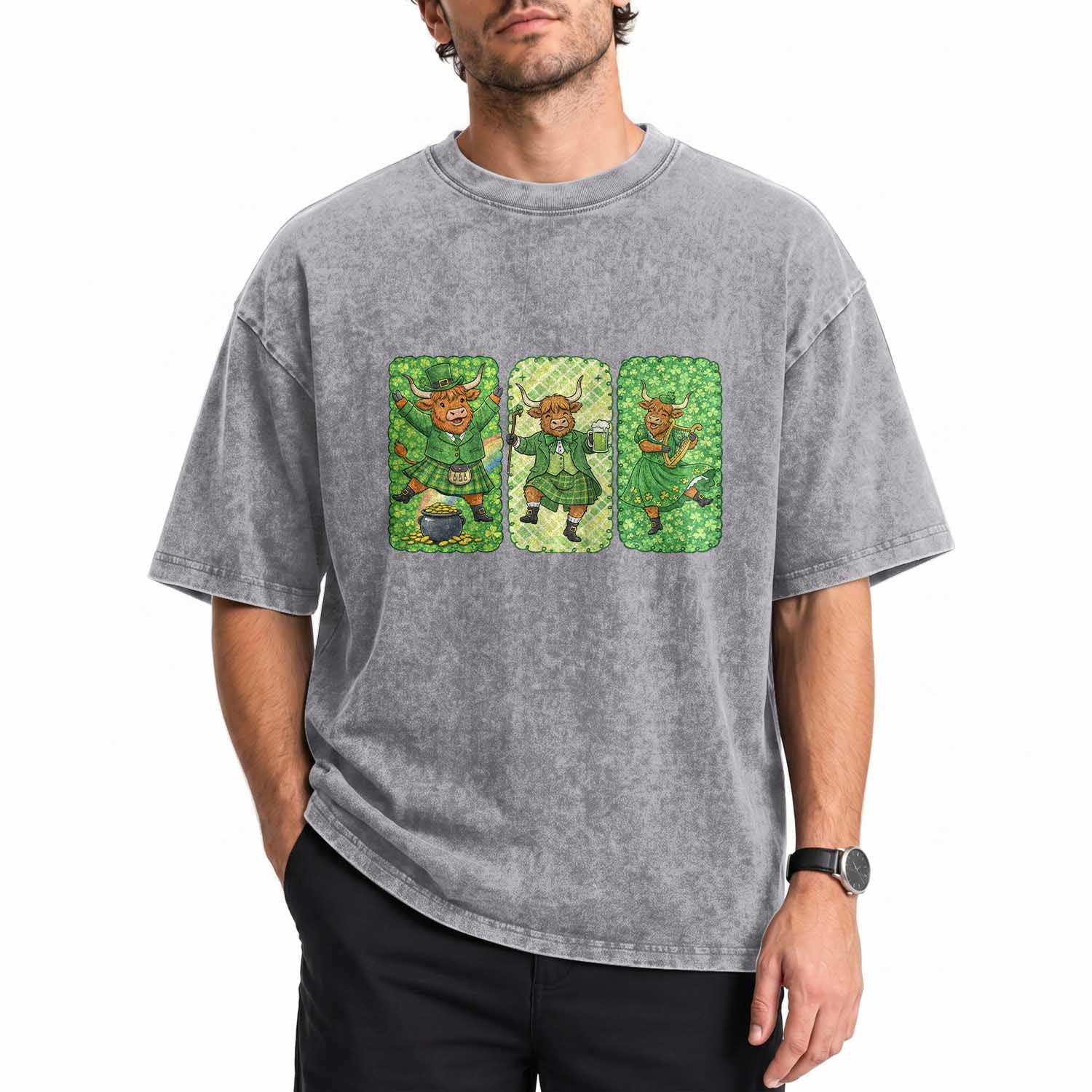 Vintage Highland Cow St Patricks Day Washed Cotton T-Shirt Farm Lover Gift