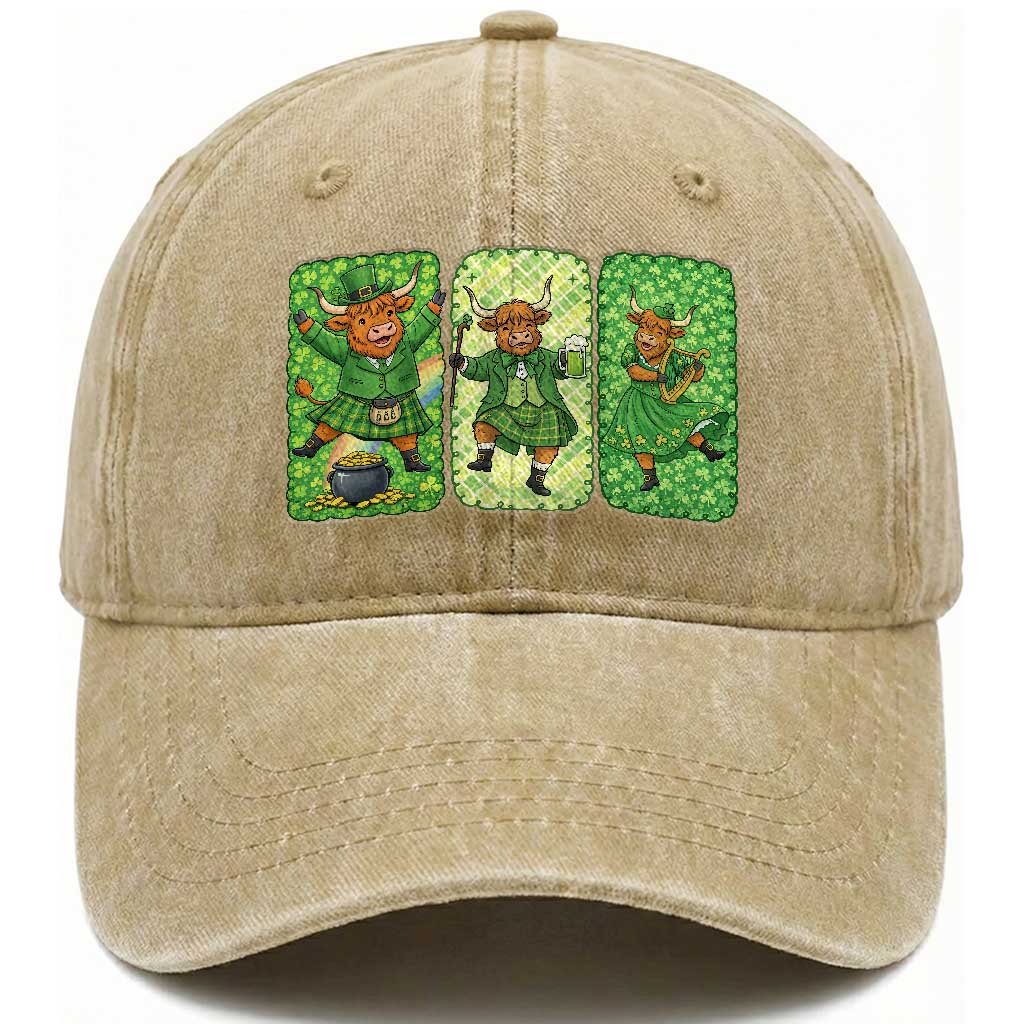 Vintage Highland Cow St Patricks Day Washed Cotton Baseball Cap Farm Lover Gift TS12 Print Your Wear