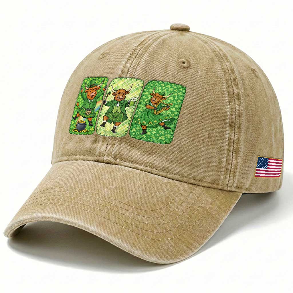 Vintage Highland Cow St Patricks Day Washed Cotton Baseball Cap Farm Lover Gift TS12 Print Your Wear