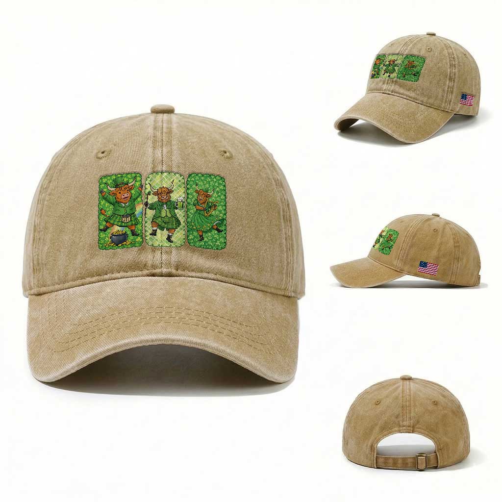 Vintage Highland Cow St Patricks Day Washed Cotton Baseball Cap Farm Lover Gift TS12 Washed Cap Universal Fit Khaki Print Your Wear