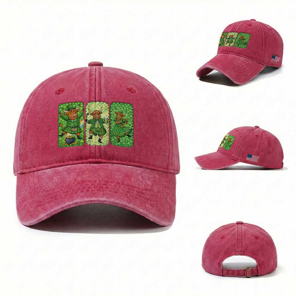Vintage Highland Cow St Patricks Day Washed Cotton Baseball Cap Farm Lover Gift TS12 Washed Cap Universal Fit Red Print Your Wear